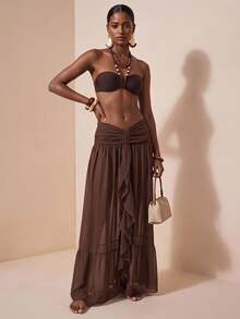 Zivah Latest Women's Elegant Hollow-Out Chiffon Skirt Cover-Up, Suitable For Beach, Pool Party, Vacation, Brown Summer - Brown - View 2