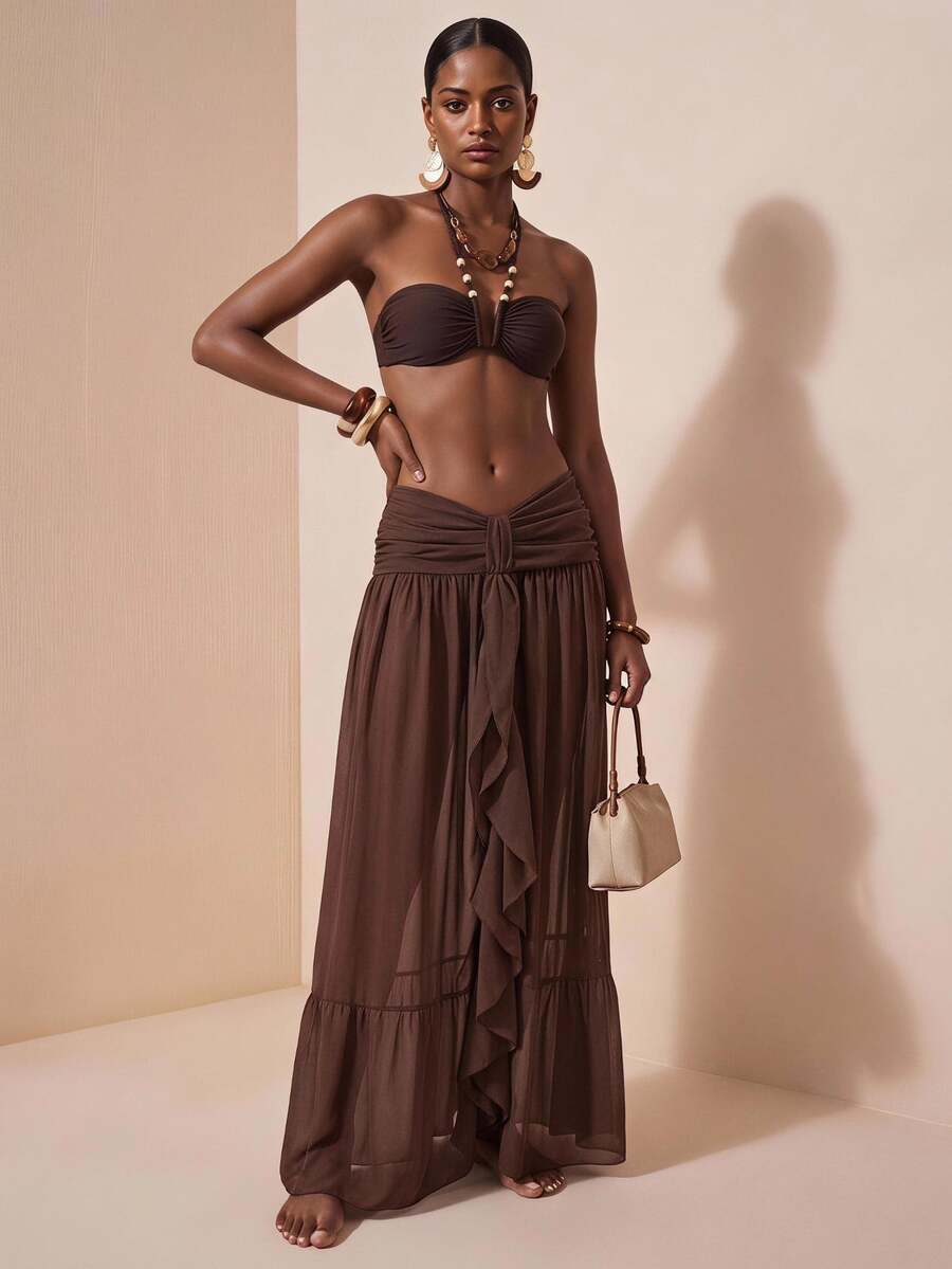 Zivah Latest Women's Elegant Hollow-Out Chiffon Skirt Cover-Up, Suitable For Beach, Pool Party, Vacation, Brown Summer