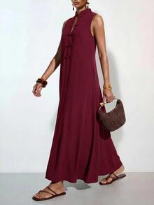 Zivah New Summer Casual Vacation Commute Loose Brown Solid Color Single Button Collar Women's Shirt - Burgundy - View 7