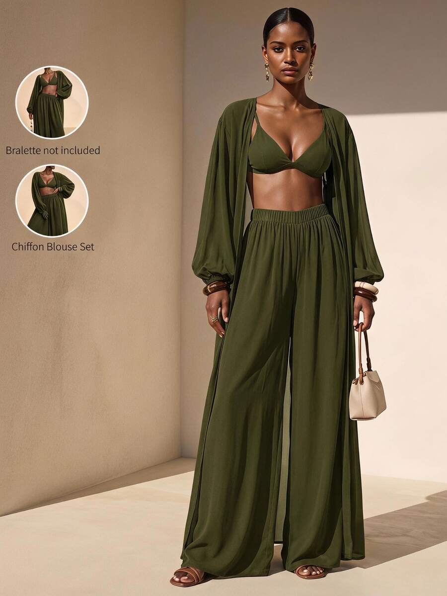 Zivah Women's Solid Color Robe And Wide Leg Pants Casual Resort Cover Up Set Summer Beach Vacation
