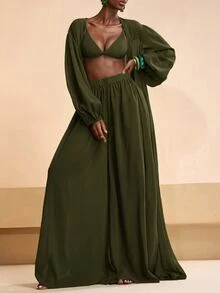 Zivah Women's Solid Color Robe And Wide Leg Pants Casual Resort Cover Up Set Summer Beach Vacation - Army Green - View 7