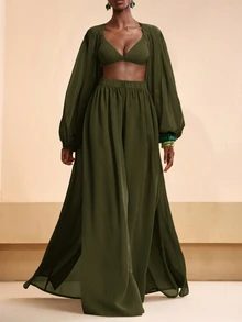 Zivah Women's Solid Color Robe And Wide Leg Pants Casual Resort Cover Up Set Summer Beach Vacation - Army Green - View 6