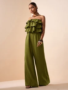 Zivah Jumpsuit Bandeau Wanita Warna Polos dengan Hem Berkerut, Cocok untuk Pemakaian Sehari-hari - Hijau Tentara - View 4