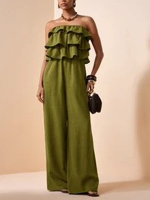 Zivah Jumpsuit Bandeau Wanita Warna Polos dengan Hem Berkerut, Cocok untuk Pemakaian Sehari-hari - Hijau Tentara - View 7