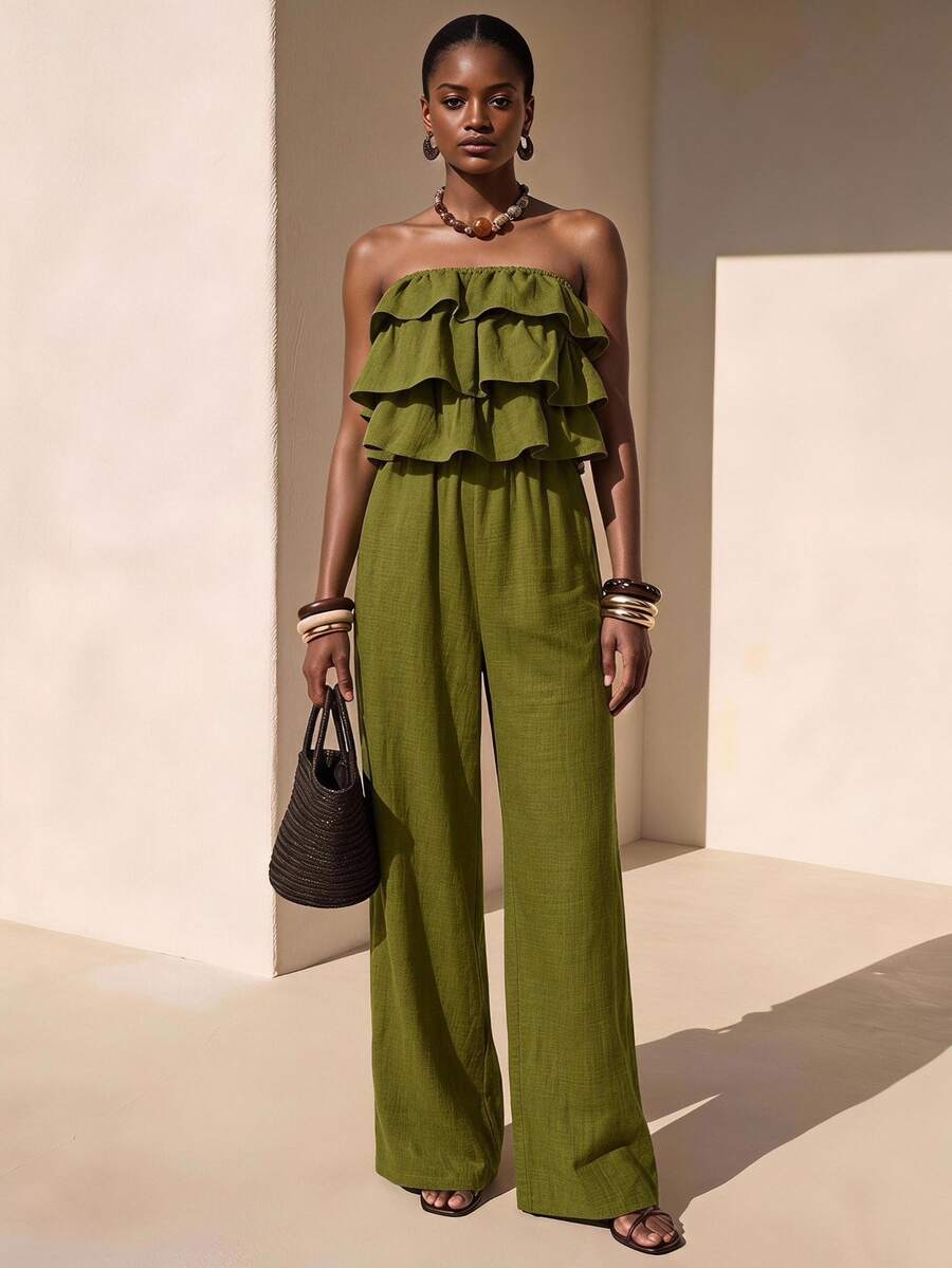 Zivah Jumpsuit Bandeau Wanita Warna Polos dengan Hem Berkerut, Cocok untuk Pemakaian Sehari-hari