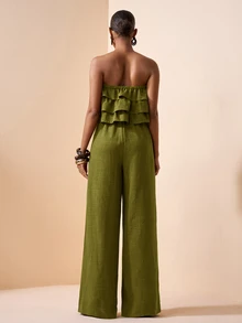 Zivah Jumpsuit Bandeau Wanita Warna Polos dengan Hem Berkerut, Cocok untuk Pemakaian Sehari-hari - Hijau Tentara - View 3