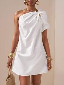 Zivah Elegant White Asymmetric Ruched Puff Sleeve Mini Dress,Tropical Cocktail Summer Wedding,Music Festival,Birthday Graduation Casual Beach Dinner Party - White - View 9