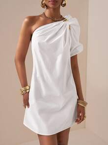 Zivah Elegant White Asymmetric Ruched Puff Sleeve Mini Dress,Tropical Cocktail Summer Wedding,Music Festival,Birthday Graduation Casual Beach Dinner Party - White - View 8