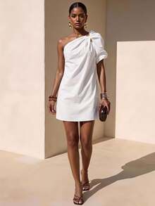 Zivah Elegant White Asymmetric Ruched Puff Sleeve Mini Dress,Tropical Cocktail Summer Wedding,Music Festival,Birthday Graduation Casual Beach Dinner Party - White - View 2