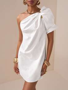 Zivah Elegant White Asymmetric Ruched Puff Sleeve Mini Dress,Tropical Cocktail Summer Wedding,Music Festival,Birthday Graduation Casual Beach Dinner Party - White - View 7