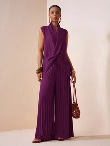 Zivah New Spring/Summer Commute Dinner Holiday Elegant Vacation Loose Purple Sleeveless V-Neck Criss-Cross Top + Pleated Wide Leg Pants 2-Piece Set - Purple - View 5