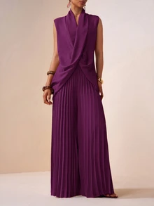 Zivah New Spring/Summer Commute Dinner Holiday Elegant Vacation Loose Purple Sleeveless V-Neck Criss-Cross Top + Pleated Wide Leg Pants 2-Piece Set - Purple - View 3