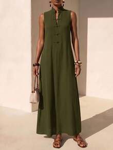 Zivah Summer New Casual Vacation Commute Loose Fit Brown Solid Color Single Button Collar Women's Shirt - Army Green - View 4