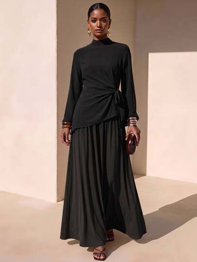 Zivah Women's Black Elegant Autumn Dining 2-Piece Set, Collared Flare Sleeve Tie Waist Asymmetric Hem Shirt & Loose A-Line Long Skirt, Commute Business Casual