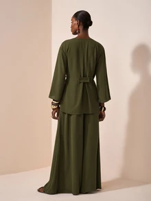 Zivah 女款橄欖綠兩件套，秋季優雅職場穿搭，和服風繫腰襯衫與寬腿褲套裝，紋理亞麻面料休閒穿著，秋季 - 軍綠色 - 查看 3