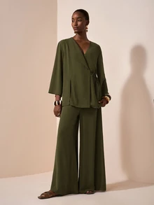 Zivah 女款橄欖綠兩件套，秋季優雅職場穿搭，和服風繫腰襯衫與寬腿褲套裝，紋理亞麻面料休閒穿著，秋季 - 軍綠色 - 查看 5