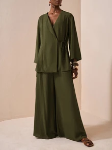 Zivah 女款橄欖綠兩件套，秋季優雅職場穿搭，和服風繫腰襯衫與寬腿褲套裝，紋理亞麻面料休閒穿著，秋季 - 軍綠色 - 查看 7