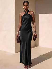 Zivah Women's Elegant Sexy Satin Halter Neck Dress For Banquet, Ball, Birthday Party - Black - View 1