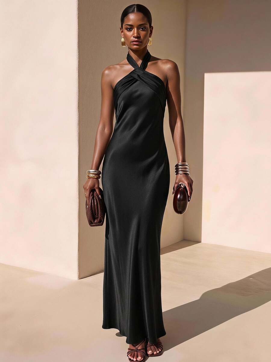 Zivah Women's Elegant Sexy Satin Halter Neck Dress For Banquet, Ball, Birthday Party - Black - View 1