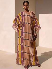 Zivah Women's Beach Vacation Casual Tropical Boho Brown Abstract Pop Art Print Long Robe Cover-Up Summer - Multicolor - View 4