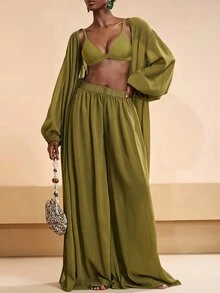 Zivah Latest 2026 Resort And Beachwear Set: An Elegant Yellow-Green Kimono-Style Long Cardigan And Wide-Leg Pants. - Green - View 6