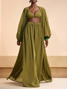 Zivah Latest 2026 Resort And Beachwear Set: An Elegant Yellow-Green Kimono-Style Long Cardigan And Wide-Leg Pants. - Green - View 4