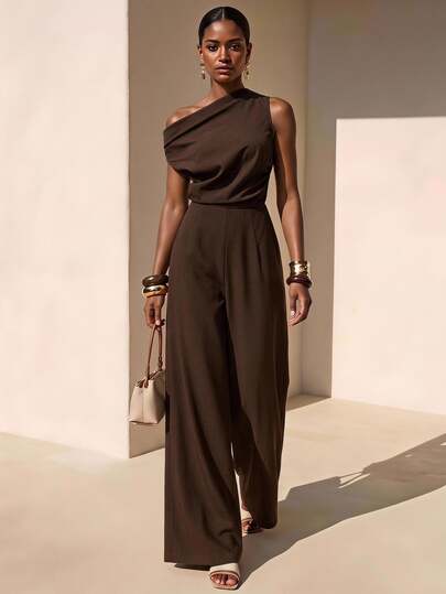Zivah Dark Brown Summer Elegant Dining Women's Linen Texture Asymmetric Ruched Waist Jumpsuit,Nomadic Bohemian Style Wedding Guest Party Banquet Jumpsuit