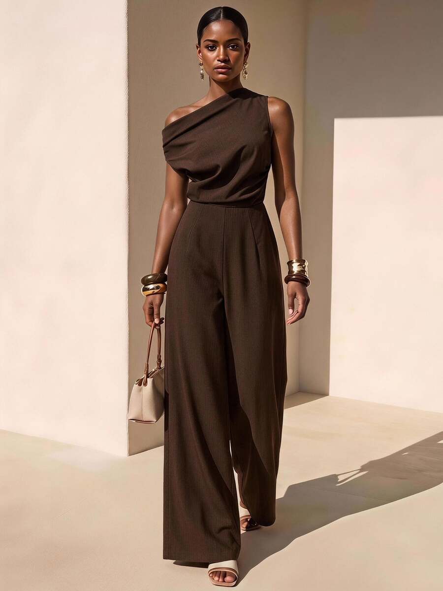 Zivah Dark Brown Summer Elegant Dining Women's Linen Texture Asymmetric ...