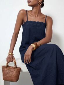 Zivah Adjustable Spaghetti Strap Lace Trim Patchwork A-Line Simple Vacation Casual Date Party Outdoor Sweet Women's Dress - Navy Blue - View 7