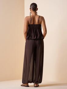 Zivah 2pcs/Set 2026 Spring/Summer New Pleated Floral Camisole Top And Elastic Waist Cargo Pants Chiffon Suit, Brown - Brown - View 3