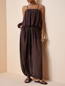 Zivah 2pcs/Set 2026 Spring/Summer New Pleated Floral Camisole Top And Elastic Waist Cargo Pants Chiffon Suit, Brown - Brown - View 8