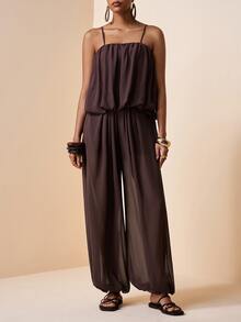 Zivah 2pcs/Set 2026 Spring/Summer New Pleated Floral Camisole Top And Elastic Waist Cargo Pants Chiffon Suit, Brown - Brown - View 5