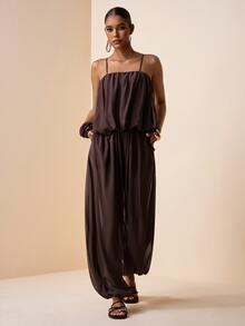 Zivah 2pcs/Set 2026 Spring/Summer New Pleated Floral Camisole Top And Elastic Waist Cargo Pants Chiffon Suit, Brown - Brown - View 6