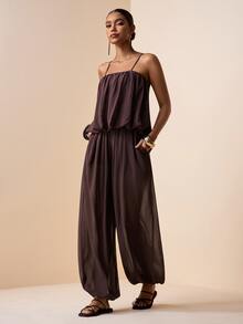 Zivah 2pcs/Set 2026 Spring/Summer New Pleated Floral Camisole Top And Elastic Waist Cargo Pants Chiffon Suit, Brown - Brown - View 4