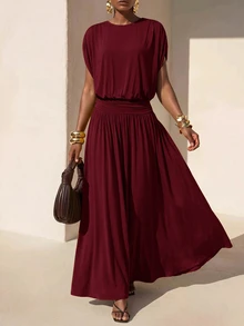 Zivah Women's Solid Color Round Neck Batwing Short Sleeve Elegant Long Dress - Burgundy - View 3