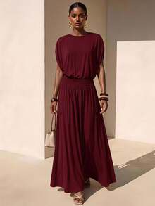 Zivah Women's Solid Color Round Neck Batwing Short Sleeve Elegant Long Dress - Burgundy - View 1