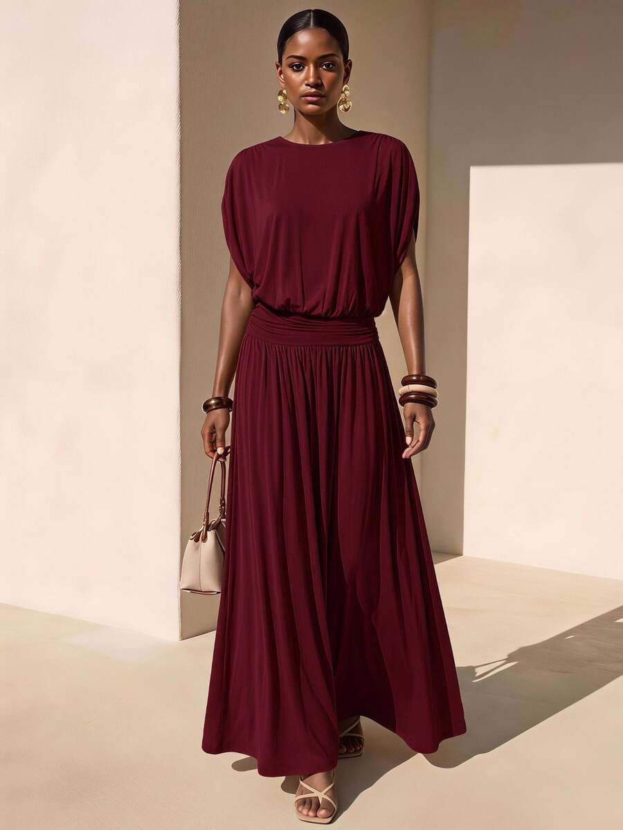 Zivah Women's Solid Color Round Neck Batwing Short Sleeve Elegant Long Dress - Burgundy - View 1