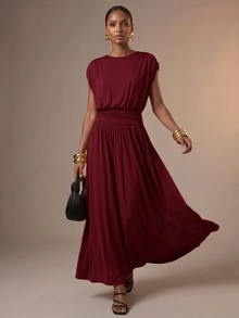Zivah Women's Solid Color Round Neck Batwing Short Sleeve Elegant Long Dress - Burgundy - View 6