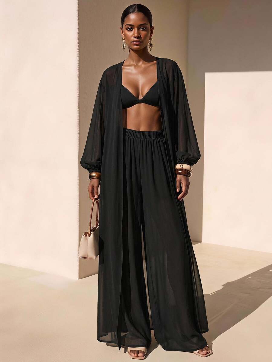 Zivah Women's Solid Color Robe And Wide Leg Pants Casual Resort Cover Up Set Summer Beach Vacation - Black - View 1