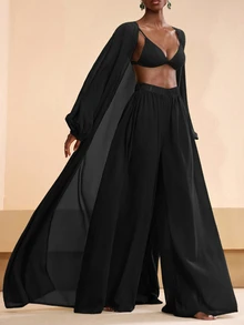Zivah Women's Solid Color Robe And Wide Leg Pants Casual Resort Cover Up Set Summer Beach Vacation - Black - View 4