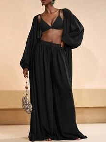 Zivah Women's Solid Color Robe And Wide Leg Pants Casual Resort Cover Up Set Summer Beach Vacation - Black - View 7