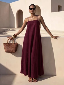Zivah Adjustable Spaghetti Strap Lace Trim Patchwork A-Line Minimalist Vacation Casual Date Party Outdoor Sweet Women's Dress - Burgundy - View 5