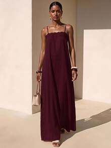 Zivah Adjustable Spaghetti Strap Lace Trim Patchwork A-Line Minimalist Vacation Casual Date Party Outdoor Sweet Women's Dress - Burgundy - View 1