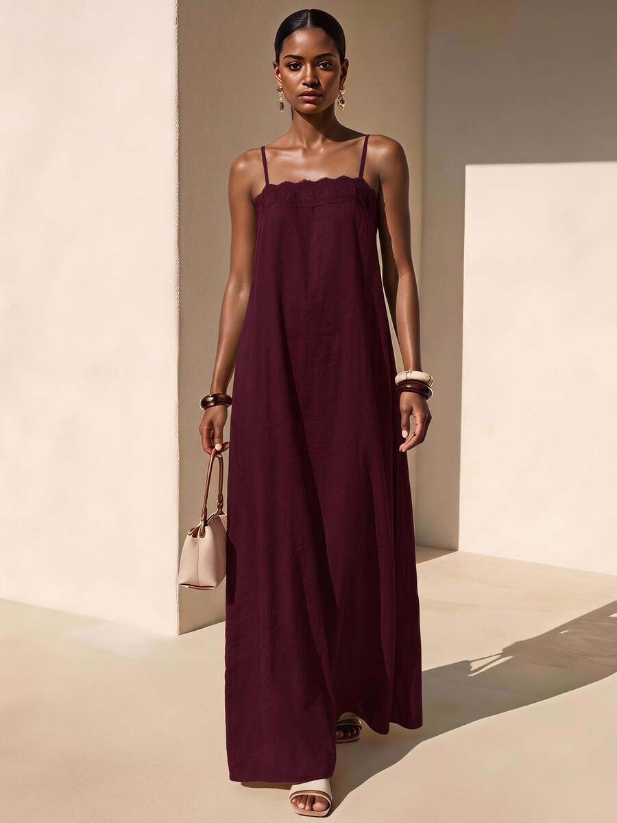 Zivah Adjustable Spaghetti Strap Lace Trim Patchwork A-Line Minimalist Vacation Casual Date Party Outdoor Sweet Women's Dress - Burgundy - View 1