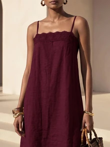 Zivah Adjustable Spaghetti Strap Lace Trim Patchwork A-Line Minimalist Vacation Casual Date Party Outdoor Sweet Women's Dress - Burgundy - View 3