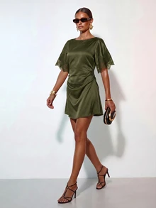 Zivah 女款優雅通勤蕾絲拼接迷你洋裝 派對雞尾酒會 橄欖綠 夏季 - 軍綠色 - 查看 8