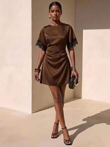 Zivah Women's High Waist Short Sleeve Casual Mini Dress - Brown - View 1