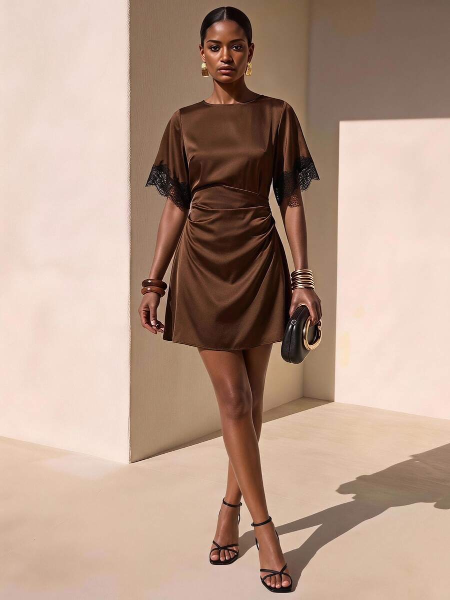 Zivah Women's High Waist Short Sleeve Casual Mini Dress - Brown - View 1