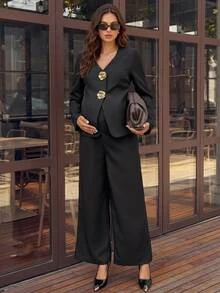 MaterniWear Maternity Metal 3D Flower Decor Long Sleeve Jacket And Wide Leg Pants Elegant 2 Pieces Set Fall - Black - View 1