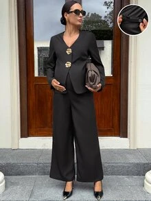 MaterniWear Maternity Metal 3D Flower Decor Long Sleeve Jacket And Wide Leg Pants Elegant 2 Pieces Set Fall - Black - View 5